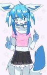 5_fingers anthro black_bottomwear black_clothing black_skirt blue_background blue_body blue_hair blush bottomwear breasts cleavage clothed clothing crop_top dipstick_tail eye_through_hair eyebrow_through_hair eyebrows eyelashes female fingers front_view gesture gloves_(marking) hair hand_gesture kemono markings midriff open_mouth open_smile pink_clothing pink_crop_top pink_shirt pink_topwear pupils shirt simple_background skirt smile solo tail tail_markings topwear translucent translucent_hair v_sign white_pupils 4chan_anon nintendo pokemon eeveelution generation_4_pokemon glaceon pokemon_(species) 2022 absurd_res cel_shading digital_media_(artwork) hi_res portrait shaded three-quarter_portrait