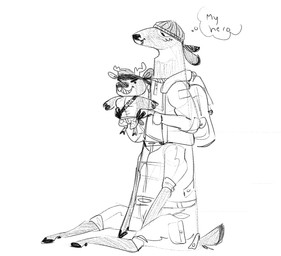 anthro antlers backpack backwards_baseball_cap backwards_hat baseball_cap biped black_ear_tips black_eyes black_hooves black_nose black_tail_tip bottomwear clenched_teeth clothed clothed_anthro clothed_male clothing dialogue digitigrade dipstick_ears dipstick_tail duo ear_markings ears_down fingers fully_clothed fully_clothed_anthro fully_clothed_male hat headgear headkerchief headwear holding_object holding_plushie hooved_fingers hooves horn kerchief looking_down male markings military_uniform multicolored_ears open_mouth open_smile pivoted_ears plushie quadruped scut_tail short_tail shorts simple_background sitting smile tail tail_markings teeth text thought_bubble toothy_grin topless topless_plushie uniform white_background mushroomsoup65 deer_avenger bambo xarop_(mushroomsoup65) deer deer_taur mammal mammal_taur taur 2023 english_text graphite_(artwork) greyscale hi_res monochrome sketch traditional_media_(artwork)