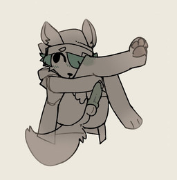 anthro balls barefoot black_eyes black_nose bodily_fluids bottomless clothed clothing eyebrow_through_hair eyebrows feet genital_fluids genitals green_hair green_penis hair hair_over_eye hat headgear headwear holding_leg holding_own_leg knot looking_aside male one_eye_obstructed partially_clothed pawpads penis precum raised_leg simple_background solo tan_background translucent translucent_hair ruedeath canid canine mammal 2021 digital_media_(artwork) full-length_portrait portrait