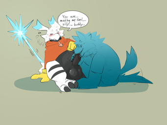 3_toes anthro balls big_balls blush clothed clothing duo eyes_closed faceless_character faceless_male feet genitals gloves handwear hoodie male male/male oral penis raised_clothing raised_hoodie raised_topwear scales shortstack sitting spread_legs spreading tail tail_motion tailwag text toes topwear white_body white_scales kingkuga bandai_namco digimon kingston_(kingkuga) ych_(character) canid canine digimon_(species) mammal 4:3 english_text hi_res
