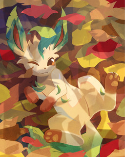 ;3 ambiguous_gender autumn autumn_leaves brown_eyes featureless_crotch feral fur lying on_back one_eye_closed orange_sclera pawpads paws solo spread_legs spreading tail tan_body tan_fur june_buns nintendo pokemon eeveelution generation_4_pokemon leafeon pokemon_(species) 2025 hi_res