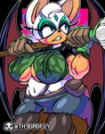 anthro breasts clenched_teeth female holding_object holding_weapon leaf_clothing logo looking_aside looking_away melee_weapon midriff polearm solo spear teeth tribal under_boob weapon weapon_on_shoulder yoke_pose th3gadfly netflix sega sonic_prime sonic_the_hedgehog_(series) prim_rouge rouge_the_bat bat mammal 2022 artist_logo artist_name hi_res portrait three-quarter_portrait