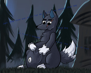 ambiguous_gender anthro belly_rub digestion_noises forest forest_background fur grey_body grey_fur nature nature_background navel onomatopoeia plant scar solo sound_effects text tree vore white_body white_fur obligatorycube library_of_ruina lobotomy_corporation project_moon big_and_will_be_bad_wolf canid canine canis mammal wolf 5:4 hi_res