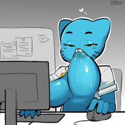 anthro areola big_areola big_breasts big_nipples blue_body blue_fur breasts clothed clothing computer_keyboard computer_monitor computer_mouse female female_anthro fur heart_symbol huge_areola huge_breasts huge_nipples mature_anthro mature_female nipples self_suckle solo edalv cartoon_network the_amazing_world_of_gumball titty_sucking_method nicole_watterson domestic_cat felid feline felis mammal 1:1 2026 colored detailed digital_drawing_(artwork) digital_media_(artwork) hi_res meme shaded