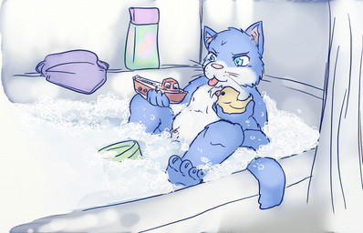 animal_genitalia animal_penis anthro balls bath bathing bathroom bathtub bubble bubble_bath fur genitals male nipples nude partially_submerged penis penis_peeking_out_of_water solo tongue water wet young young_anthro young_male lavilovi domestic_cat felid feline felis mammal digital_media_(artwork) hi_res