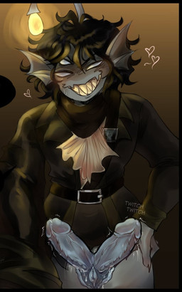 2_penises 3_eyes anthro black_hair blush bodily_fluids genital_fluids genitals hair heart_symbol male multi_eye multi_genitalia multi_penis penis precum smile solo throbbing throbbing_penis sephydoesnsfw sebastian_solace_(pressure) anglerfish_humanoid humanoid hi_res