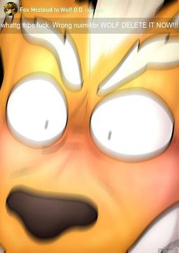 anthro blurred_character blush clenched_teeth close-up freaking_out fur male orange_body orange_fur solo teeth text nicolaowo nintendo star_fox fox_mccloud hi_res signature