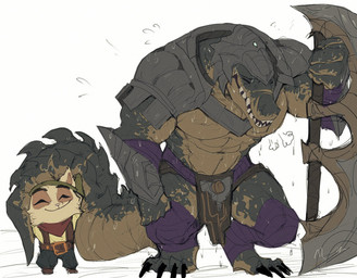abs anthro duo male melee_weapon muscular muscular_anthro muscular_male pecs raised_tail size_difference tail weapon na1su league_of_legends riot_games tencent renekton teemo_(lol) crocodilian reptile scalie yordle hi_res