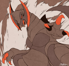 3_claws 3_fingers ambiguous_gender anthro armored_body biped black_body blade claws fingers long_neck looking_at_viewer no_sclera open_mouth pecs pose raised_hand red_claws red_eyes solo standing tail tongue batten12 nintendo pokemon generation_5_pokemon haxorus pokemon_(species) scalie shiny_pokemon digital_drawing_(artwork) digital_media_(artwork) portrait three-quarter_portrait