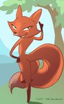 anthro butt female fur grin looking_at_viewer looking_back nude on_one_leg outdoor_nudity outside plant rear_view red_body red_fur small_waist smile solo standing teeth tree wasp_waist sanssouci cartoon_saloon skunk_fu fox_(skunk_fu) canid canine fox mammal 2020