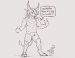 ambiguous_gender anthro bottomwear clothing cloven_hooves deadlift duo exercise hooves macro micro shirt shorts simple_background speech_bubble tank_top text topwear weightlifting white_background workout deerpuff mammal 2020 english_text