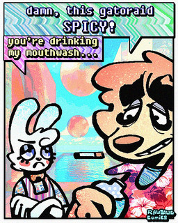 aloha_shirt annoyed anthro bow_tie cheek_spots cigarette cigarette_in_mouth clothing crossed_arms dialogue duo fur half-closed_eyes humor male narrowed_eyes object_in_mouth overalls pattern_clothing pattern_shirt pattern_topwear shirt smile smoking_tobacco speech_bubble text topwear white_body white_fur yellow_body yellow_fur rawdawgcomics bingus_(rawdawgcomics) stahli_(rawdawgcomics) bird_dog canid canine canis domestic_dog golden_retriever hunting_dog lagomorph leporid mammal rabbit retriever 4:5 english_text hi_res