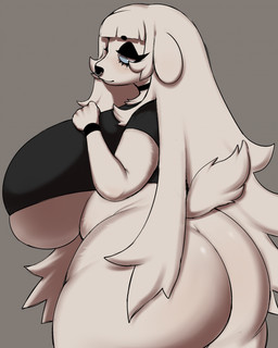 anthro big_breasts big_butt black_clothing black_shirt black_topwear blue_eyes bottomless breasts bulging_breasts butt choker clothed clothing eyelashes eyeshadow facial_piercing female freckled_face freckles fur grey_background hair half-closed_eyes hand_on_breast huge_breasts huge_butt jewelry makeup narrowed_eyes necklace nose_piercing nose_ring piercing ring_piercing shirt simple_background solo tail topwear under_boob white_body white_fur white_hair wristband vetarix lily_(vetarix) canid canine canis domestic_dog mammal alternate_version_at_source hi_res