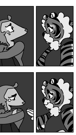 anthro black_bottomwear black_clothing bodily_fluids bottomwear breasts cheek_tuft claw_fingers closed_smile clothing comic_panel duo facial_tuft female fur grey_clothing grey_finger_claws grey_topwear inner_ear_fluff knees_up looking_at_hand mouth_closed pseudo_hair reaching_out reaching_towards_another scale_hair scales sitting small_ears smile striped_body striped_fur stripes tears topwear tuft white_inner_ear white_inner_ear_fluff highlandkall li_(highlandkall) naomi_(highlandkall) felid mammal pangolin pantherine tiger 2025 comic digital_drawing_(artwork) digital_media_(artwork) hi_res monochrome multiple_scenes