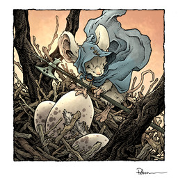 ambiguous_gender anthro blue_cloak blue_clothing branch cloak cloak_only clothing egg fur grey_body grey_fur holding_melee_weapon holding_object holding_polearm holding_weapon looking_aside loose_feather melee_weapon nest polearm stick_nest tail weapon david_petersen mouse_guard gwendolyn_(mouse_guard) mammal mouse murid murine rodent 1:1 female_(lore)