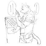 anthro dialogue electronics fur hair holding_object holding_shield holding_walkie_talkie male riot_shield shield solo tail walkie-talkie pu94_d1de4c arknights hypergryph studio_montagne spot_(arknights) hyena mammal spotted_hyena 1:1 2023 hi_res monochrome sketch