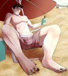 beach beverage beverage_can blue_eyes bottomwear brown_hair bulge chair clothing cloud cooler detailed_background foot_transformation furniture hair looking_down_at_self male navel nipples outside potion sand seaside shocked shorts sitting sky soda solo swimwear transformation transformation_potion umbrella under_shade fasttrack37d moka_(character) canid human mammal 2013 digital_media_(artwork) hi_res story story_in_description