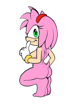 anthro butt clothing crouching feet female fur gesture gloves gloves_only green_eyes hand_gesture handwear handwear_only mostly_nude nude pink_body pink_fur pointing soles solo toes wristband fourssss sega sonic_the_hedgehog_(series) amy_rose eulipotyphlan hedgehog mammal 2024 flat_colors hi_res