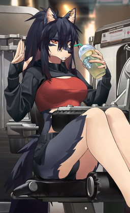 anthro beverage biped black_body black_fur black_hair bottomwear bra breasts bulge clothed clothing cropped_topwear dolphin_shorts fur grey_body grey_fur gym gynomorph hair holding_beverage holding_object inside intersex midriff orange_eyes panties shorts solo sports_bra underwear white_body white_fur telson starbucks canid canine canis mammal wolf 2022 digital_media_(artwork) hi_res