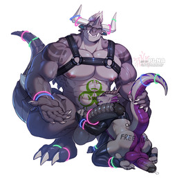 5_fingers abs anthro anthro_on_anthro anus backsack balls barbell_piercing biceps big_balls big_penis biohazard_symbol biped body_writing claws countershade_tail countershading crouching deltoids duo ear_piercing ear_ring erection facial_piercing feet fingers genital_piercing genitals glans hazard_symbol horn larger_male male male/male muscular muscular_anthro muscular_male navel nipple_barbell nipple_piercing nipples nose_piercing nose_ring pecs penis penis_piercing piercing poz prince_albert_piercing ring_piercing septum_piercing septum_ring simple_background size_difference smaller_male soles symbol tail toes trapezius vein veiny_muscles white_background writing_on_butt plna scalie hi_res