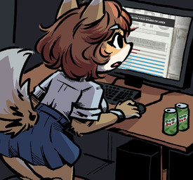anthro bottomwear clothing computer computer_mouse dim_lighting dipstick_ears ear_markings electronics female keyboard multicolored_ears rear_view school_uniform skirt solo uniform unknown_artist mountain_dew bully_fox canid canine fox mammal