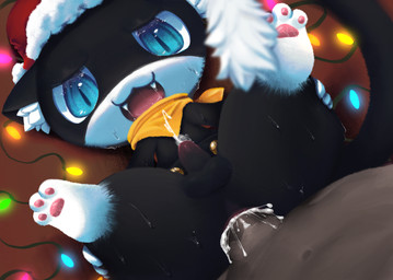 anal anal_orgasm balls blue_eyes bodily_fluids butt chibi christmas_clothing christmas_decorations christmas_headwear clothing cum cum_in_ass cum_inside cute_fangs dark_body dark_penis dark_skin dominant dominant_pov drooling duo ejaculation fangs first_person_view genital_fluids genitals half-closed_eyes hands-free hat headgear headwear holding_butt holding_own_butt holidays inner_ear_fluff looking_at_viewer lying male male/male narrowed_eyes on_back orgasm pawpads penetrating_pov penis saliva santa_hat shortstack shortstack_male sweat sweaty_butt teeth tuft pooding atlus christmas megami_tensei persona_(series) persona_5 sega morgana_(persona) domestic_cat felid feline felis mammal hi_res
