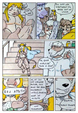 animal_genitalia animal_penis anthro barazoku belly biceps black_penis blonde_hair blue_cape blue_clothing blue_eyes blush blush_lines bodily_fluids bottomwear bovid_horn bovine_ears bovine_horn bovine_tail bracelet brown_body brown_clothing brown_fur brown_hair brown_underwear bulge cape clothing comic_panel cooking cum cum_drip cum_on_penis dialogue dripping ejaculation equine_genitalia equine_penis erection food food_on_plate fur furniture genital_fluids genitals group group_sex hair horn humanoid_genitalia humanoid_penis jewelry kitchen kitchen_utensils licking_cum low-angle_view male male/male manly medieval medieval_clothing medieval_fantasy multicolored_body multicolored_fur musclegut muscular muscular_anthro muscular_male nude overweight overweight_male pecs penis salad sex speech_bubble spices stairs sweat sweatdrop table tail tavern tavern_background text thick_penis tongue tools underwear yellow_body yellow_fur dashthefox blizzard_entertainment warcraft dashfox dominios ebro fill_(furryratchet) kai_(dash_fox) bovid bovine canid canine fox mammal mustelid otter rodent sciurid tauren tree_squirrel absurd_res comic english_text hi_res traditional_media_(artwork)
