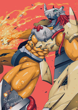 abs anthro armor biceps biped broken_armor clothing elemental_manipulation fire fire_manipulation gauntlets gloves handwear male muscular muscular_anthro muscular_male muscular_thighs solo sutunununu bandai_namco digimon digimon_(species) wargreymon 2025 colored hi_res signature