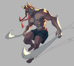 accessory anthro bottomwear clothed clothing dual_wielding headband holding_object holding_weapon machete male melee_weapon muscular muscular_anthro muscular_male nipples pecs shorts simple_background solo topless topless_anthro topless_male weapon harufeng canid canine mammal absurd_res colored_sketch hi_res sketch