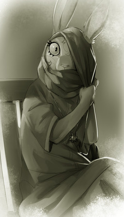 anthro bent_arm big_eyes biped chair clothed clothed_anthro clothed_female clothing covered_eye ear_tuft ears_through_headwear eyelashes female fur fur_tuft furniture glistening glistening_eyes glistening_nose hair head_turned humanoid_hands iris jewelry long_eyelashes looking_at_viewer on_chair pendant sitting sitting_on_chair solo three-quarter_view tuft whiskers wide_eyed papayathebun lagomorph leporid mammal rabbit 2025 absurd_res digital_drawing_(artwork) digital_media_(artwork) hi_res monochrome sepia
