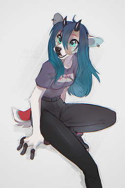 5_fingers ahoge anthro arm_support bangs black_bottomwear black_clothing black_fingers black_footwear black_horn black_nose black_pants black_shoes blue_eyes blue_hair blue_markings bottomwear breasts brown_body brown_fur clothing ear_piercing eyebrows female fingers footwear fur grey_clothing grey_shirt grey_topwear hair horn long_hair looking_away markings open_mouth pants piercing red_eyebrows shirt shoes short_tail simple_background sitting small_breasts solo tail topwear white_body white_fur azzai deer mammal 2024 2:3 colored colored_sketch digital_drawing_(artwork) digital_media_(artwork) shaded sketch