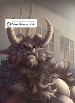 anthro belly big_belly black_nose cheek_tuft chest_tuft chin_tuft facial_tuft front_view fur grey_body grey_fur horn inside looking_at_viewer male male_anthro moobs mouth_closed narrowed_eyes nipples nude overweight overweight_anthro overweight_male solo striped_horn stripes text tuft tusks white_horn yellow_eyes admiralobster cover_them_up_slut species_request absurd_res english_text half-length_portrait hi_res portrait
