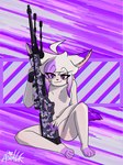 abstract_background anthro big_ears blush breasts clothed clothing dipstick_ears ear_markings ear_piercing featureless_crotch female fur gradient_hair gun hair highlights_(coloring) looking_at_viewer multicolored_ears navel nude paws piercing prosthetic purple_eyes purple_highlights ranged_weapon rifle sitting sitting_on_ground small_breasts smile smiling_at_viewer sniper_rifle solo weapon white_body white_fur white_hair absollnk mercura_(absollnk) canid canine fennec_fox fox mammal true_fox 2023 3:4 absurd_res artist_name digital_drawing_(artwork) digital_media_(artwork) hi_res shaded signature