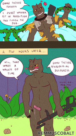 anthro blush bounty_hunter dialogue embarrassed embarrassing_nudity erection exhibitionism exposed genitals gun humiliation male nature nude outside penis ranged_weapon rifle solo text weapon remmus_cobalt star_wars bossk trandoshan 4k 9:16 absurd_res comic english_text hi_res