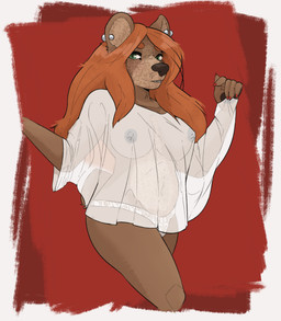 anthro areola barbell_piercing belly big_breasts big_nose bottomwear breasts claws clothing colored_nails dark_nose ear_piercing eyebrow_through_hair eyebrows female finger_claws freckled_belly freckled_chest freckled_ears freckled_face freckles green_eyes hair hair_down nails navel nipples nub_tail orange_hair panties pawpads piercing ponytail round_ears shorts simple_background smile snout solo topwear torn_bottomwear torn_clothing translucent translucent_clothing translucent_hair underwear katahdin kat_(katahdin) bear mammal hi_res