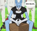 anthro bell bell_collar blue_body collar dialogue eyewear glasses group male speech_bubble text discodemon one_piece pico_(puppy_b) lagomorph leporid mammal rabbit 6:5 english_text