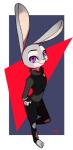 abstract_background anthro clothed clothing fully_clothed fur grey_body grey_fur hand_on_hip high-angle_view looking_at_viewer police police_uniform purple_eyes smile solo standing toeless_legwear uniform 327b_(artist) disney zootopia judy_hopps lagomorph leporid mammal rabbit