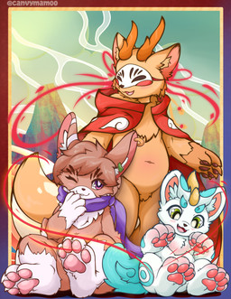 anthro belly brown_body brown_fur cape clothing fur group horn male mask navel one_eye_closed pawpads sitting slightly_chubby smile trio wink canvymamoo fabulous_beasts sibuxiang_the_deer_(fabulous_beasts) tianlu_(fabulous_beasts) tuye_(fabulous_beasts) absurd_res hi_res