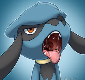 amber_eyes ambiguous_gender annoyed anthro black_body black_fur blue_background blue_body blue_fur bodily_fluids drooling fur gradient_background head_tuft looking_at_viewer mouth_shot narrowed_eyes one_eye_closed open_mouth outline saliva simple_background solo teeth text tongue tongue_out tuft uvula yellow_body young young_anthro rainypaws nintendo pokemon generation_4_pokemon pokemon_(species) riolu artist_name english_text hi_res