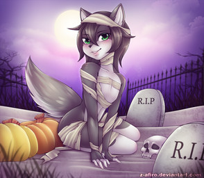 anthro clothed clothing costume dark female food fruit holidays looking_at_viewer moon night plant pose pumpkin skimpy solo z-afiro halloween canid canine mammal mummy undead 2017