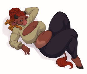 anthro big_breasts breasts cleavage clothed clothing dreadlocks female hooves looking_at_viewer slightly_chubby smile solo knight_dd european_mythology greek_mythology mythology khara'mihn bovid bovine mammal minotaur 2025 absurd_res hi_res