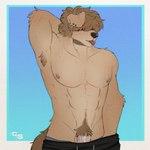 abs anthro armpit_hair balls blep blue_background body_hair brown_hair brown_pubes clothed clothing drawstring_bottomwear ear_piercing floppy_ears fur gauged_ear genitals hair hair_over_eyes hand_behind_head hand_in_pants happy_trail humanoid_genitalia humanoid_penis male muscular muscular_male nipples pecs penis penis_peek piercing pubes raised_arm simple_background solo tongue tongue_out topless underwear vein veiny_penis yellow_body yellow_fur cerberussenn bird_dog canid canine canis domestic_dog golden_retriever hunting_dog mammal retriever 1:1 absurd_res hi_res signature