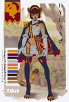 armor blue_eyes clothing collar color_swatch dress fire fur gold_(metal) solo radaq felid feline lynx mammal absurd_res alternate_version_at_paywall better_version_at_paywall digital_media_(artwork) hi_res model_sheet portrait