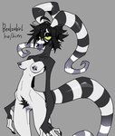 anthro big_horn black_hair breasts collarbone_piercing female fingers forked_tongue genitals green_sclera grey_body hair horn long_horn long_tail markings nipple_bars nipple_piercing nipples piercing pronouns pubes purple_body pussy short_hair simple_background slim solo striped_horn striped_markings striped_tail stripes tail tail_markings tongue white_body btascandalist crux 2024 digital_media_(artwork) model_sheet nonbinary_(lore)