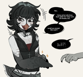 anthro beak beak_piercing beak_ring biped blush bottomwear breasts clothed clothed_anthro clothed_female clothing facial_piercing female front_view fully_clothed fully_clothed_anthro fully_clothed_female furgonomic_piercing furgonomics hair piercing simple_background smile solo standing tail text topwear raccoattack avian bird penguin 2026 digital_drawing_(artwork) digital_media_(artwork) english_text