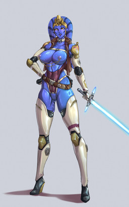 areola armor belt big_breasts blue_body blue_lightsaber blue_skin breasts brown_eyes circlet clothing collar collarbone crossguard_lightsaber eyebrows eyelashes female genitals glistening glistening_body glistening_breasts glistening_skin grey_background lekku_(anatomy) lightsaber melee_weapon nipple_chain nipple_piercing nipple_ring nipples not_furry piercing ring_piercing simple_background solo topwear vest vulva weapon sirpetus star_wars alien alien_humanoid humanoid twi'lek 2025 absurd_res hi_res