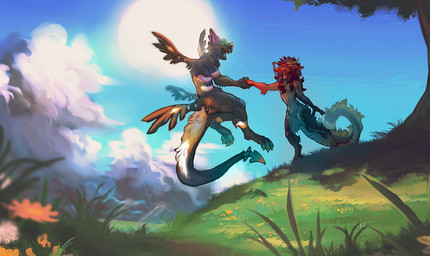 anthro day detailed_background duo fur grass horn outside plant sky sun tail tree hoot_(artist) mythology dragon furred_dragon furred_scalie mythological_creature mythological_scalie scalie 2023 digital_media_(artwork) hi_res