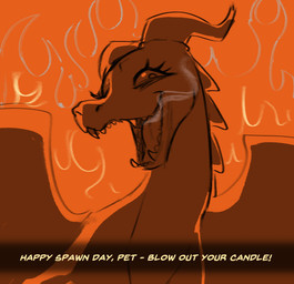 birthday breath_powers dialogue elemental_manipulation eyelashes female feral fire fire_breathing fire_manipulation horn open_mouth open_smile sharp_teeth smile solo teeth text iseenudepeople mythology queen_shynssal_(kuzurus) dragon mythological_creature mythological_scalie scalie 2025 english_text hi_res orange_theme