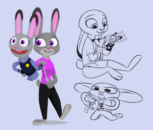 anthro barefoot biped bottomwear buckteeth clothed clothing dipstick_ears ear_markings feet female fully_clothed fur grey_body grey_fur hand_puppet multicolored_ears pants puppet shirt shorts sitting smile solo standing t-shirt teeth topwear theblueberrycarrots disney zootopia judy_hopps lagomorph leporid mammal rabbit hi_res