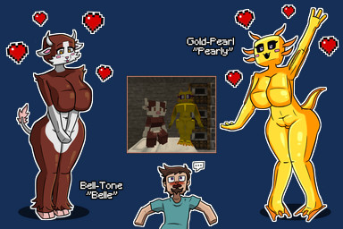blocky_body brown_body brown_fur female fur group heart_symbol square_head tail trio wide_hips yellow_body kepabra microsoft minecraft mojang xbox_game_studios steve_(minecraft) animal_humanoid axolotl_humanoid bovid bovid_humanoid bovine bovine_humanoid cattle_humanoid human humanoid mammal mammal_humanoid absurd_res hi_res